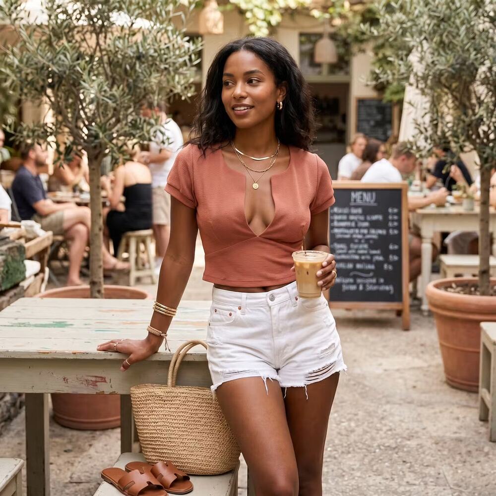 Plunging Deep V-Neck Crop Top Short Sleeve Blouse Mauve/Rust medium casual sexy